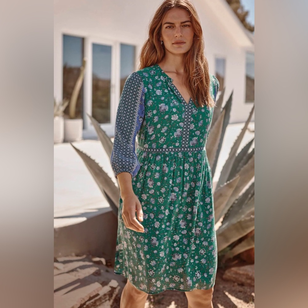 J Jill Green Sweet Clover Folkloric Vine Peasant Dress Mixed Print L